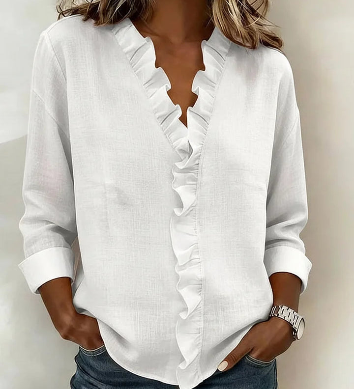 Indie | Rynkad blus med V-ringning och långa ärmar