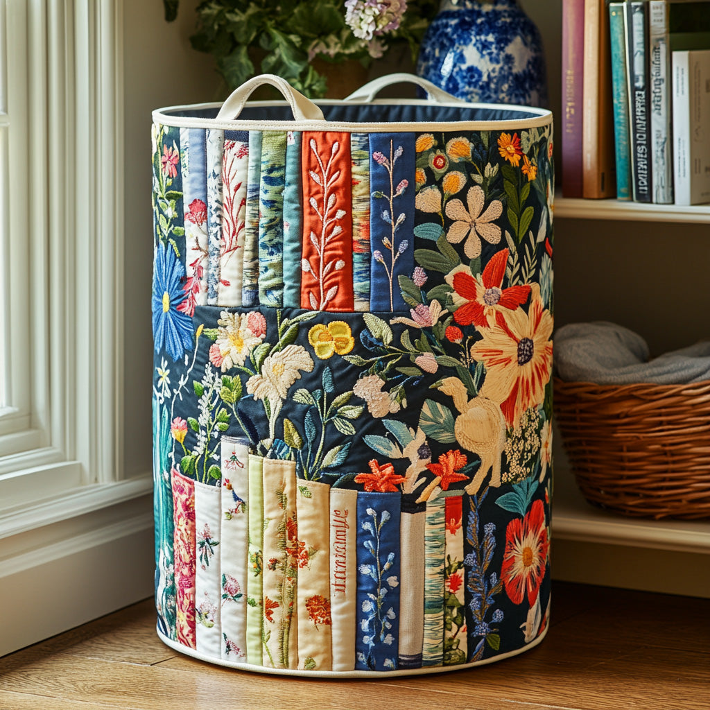 Gudrun – Quiltad tvättkorg med broderat bokryggsmönster