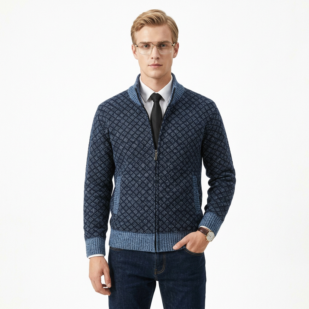 Stickad tröja för herr | Stickad cardigan med dragkedja och hög krage