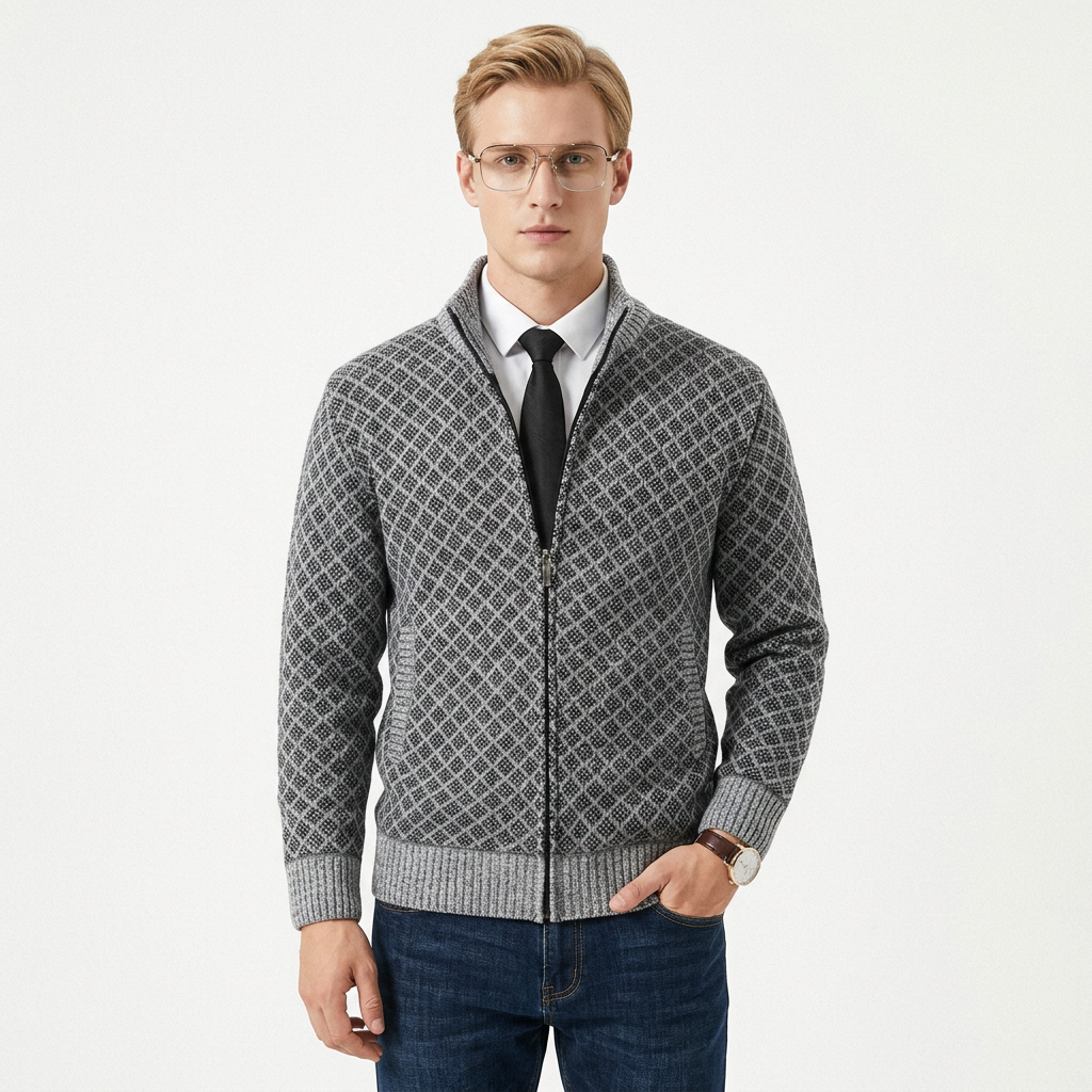 Stickad tröja för herr | Stickad cardigan med dragkedja och hög krage